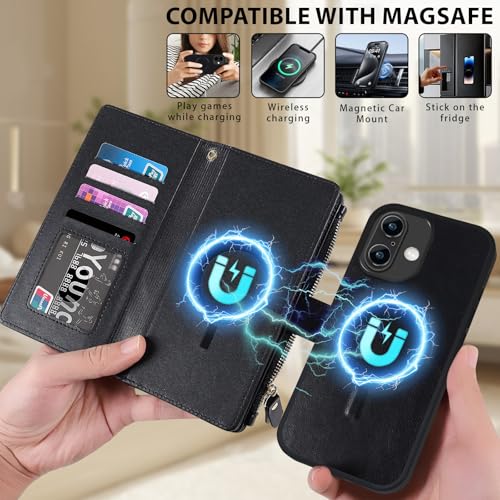 for iPhone 15 Plus/14 Plus Case Wallet,Compatible with MagSafe 2 in 1 Magnetic Detachable PU Leather RFID Blocking Wallet Cover Card Holder Zipper Wrist Strap Lanyard,Quilted Black - color: Quilted Black, size: iPhone 15 Plus/14 Plus