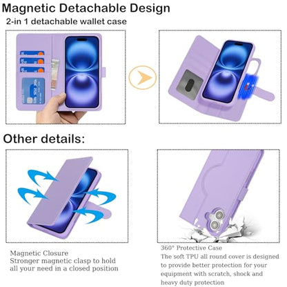 Ｈａｖａｙａ for iPhone 16 Case Detachable Wallet Case with Card Holder，2 in 1 Pu Leather Flip Folio Credit Card Slots Stand Compatible Magsafe Magnetic Shockproof Phone Cover (6.1")-Purple - color: Purple-Detachable