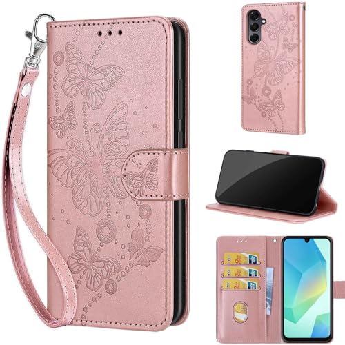 Wallet Case for Samsung Galaxy A16 5G, Rose Gold Butterfly | Women Flip Folio Cover, Embossed PU Leather, Stand, Credit Card Holders Slots, Wrist Strap - color: 7
