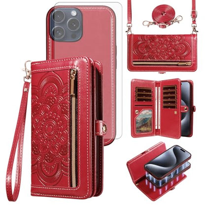 Asuwish Phone Case for iPhone 15 Pro 6.1 inch Zipper Wallet Detachable Cell Cover with Tempered Glass Screen Protector Wrist Strap Mandala Flower Credit Card Holder i Phone15 i15 15Pro Women Men Red - color: Red