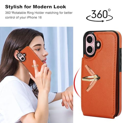 Folosu Compatible with iPhone 16 Case Wallet with Card Holder, 360°Rotation Finger Ring Holder Kickstand, RFID Blocking Leather Protective Double Buttons Shockproof Cover 6.1 Inch Brown - color: Brown