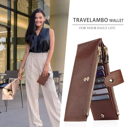 Travelambo RFID Wallet Women Large Size Bifold Multi Card Wallet Case with Zipper Pocke Credit Card Holder for Women - color: Brown Deep
