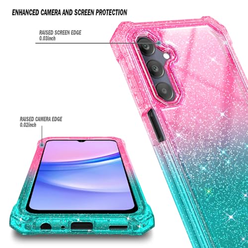 Compatible with Samsung Galaxy A15-5G Phone Case Glitter Pink/Aqua | Full-Body Protective Shockproof Bumper Cover with Tempered Glass Screen Protector, 12FT Military Grade Drop Tested - color: Glitter Pink/Aqua, size: Samsung Galaxy A15-5G