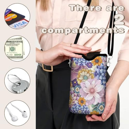 Universal Phone Sleeve Pouch with Crossbody Strap 7.6 X 4.3 Inches Shockproof Water Resistant Mobile Protection Bag-Purple Boho Floral Neoprene Phone Pouch Bag - color: Purple Boho Floral-Phone Pouch