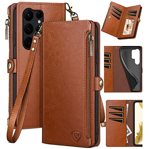 XcaseBar for Samsung Galaxy S24 Ultra Wallet case with Zipper Credit Card Holder RFID Blocking,Flip Folio Book PU Leather Shockproof Protective Cover Women Men for S24 Ultra Phone case Light Brown - color: Light Brown Case