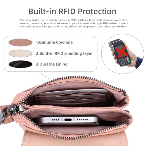 Iswee Rfid Blocking Small Crossbody Bag for Women Travel Classic Style | Genuine Leather,Adjustable Shoulder Strap,Fits 6.9" Phone,Anti-Theft Purse,Perfect for Daily Use and Weekend Travel - color: Pink