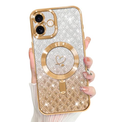 Bonoma Compatible with iPhone 17 Case 2025 Heart Glitter Checkered -Gold | Support for MagSafe, Plating Magnetic Case TPU Camera Protection Back Cover for Girls Women - color: Checkered-Gold, size: iPhone 17