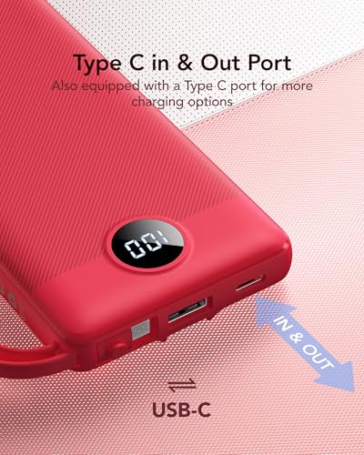 VRURC Portable Charger, Built in 4 Cables & Lanyard Power Bank 10000mAh - color: Magenta