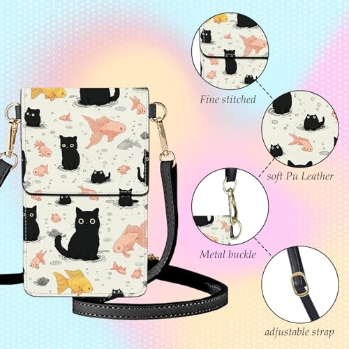 Small Crossbody Bags for Women Touchscreen Cell Phone Bag Cross Body Purses with adjustable Strap,Gifts For Teenage Girls - color: Black Cat Fish