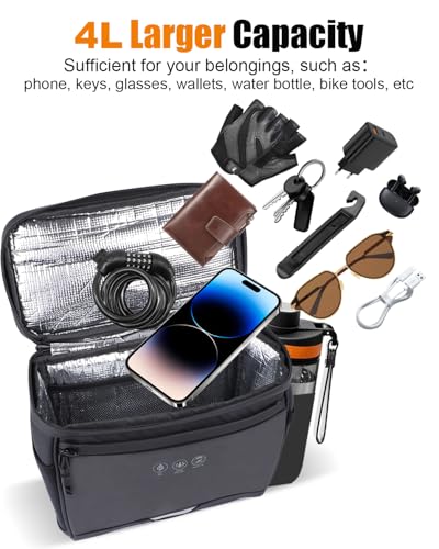 Bike Handlebar Insulated Bag, Waterproof Mountain Bike Crossbar Front Bike Phone Bag Cooler Storage Pouch with TPU Touch Screen Insulation for Outdoor Hiking Travel 4L