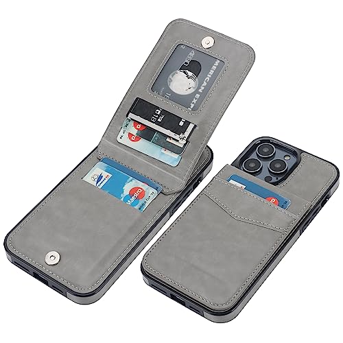 KIHUWEY for iPhone 14 Pro Max Wallet Case Card Holder Kickstand, Gray | Credit Card Slots, PU Leather, Magnetic Clasp, Flip Heavy Duty Protection Cover for Men and Women - color: Gray