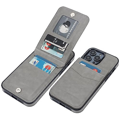 KIHUWEY for iPhone 14 Pro Max Wallet Case Card Holder Kickstand, Gray | Credit Card Slots, PU Leather, Magnetic Clasp, Flip Heavy Duty Protection Cover for Men and Women - color: Gray