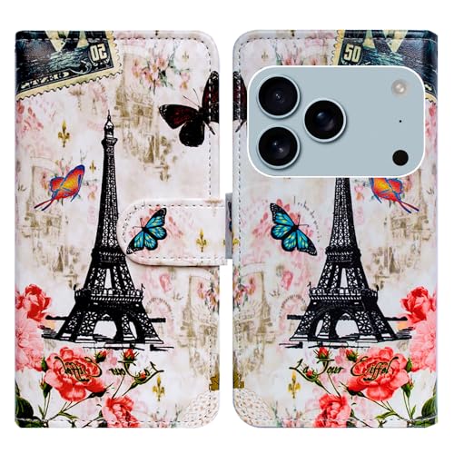 Bcov Case for iPhone 17 Pro,Paris Tower Butterfly Leather Flip Phone Case Wallet Cover with Card Slot Holder Kickstand Case for iPhone 17 Pro - color: Paris Tower Butterfly Style