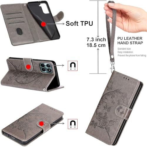 Wallet Case for Google Pixel 8, Gray Flower | Women Flip Folio Cover, Embossed PU Leather, Stand, Credit Card Holders Slots, Wrist Strap - color: 6
