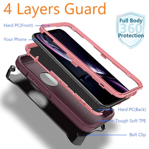 YmhxcY for iPhone XR Case, 3-Layer Full Body Protection Shockproof Drop-Proof Heavy Duty Phone Case with Belt Clip Kickstand for iPhone XR 6.1"-Wine/Pink - color: BJ-Wine/Pink