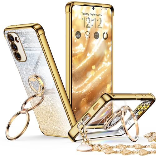 XYZ for Galaxy S23 Plus Case with Stand, Phone Case with Double Ring Kickstand, Women Girls Bling Luxury Glitter Clear Phone Cover Heart for Samsung S23 Plus, Gold - color: Clear Glitter Gold, size: Galaxy S23 Plus