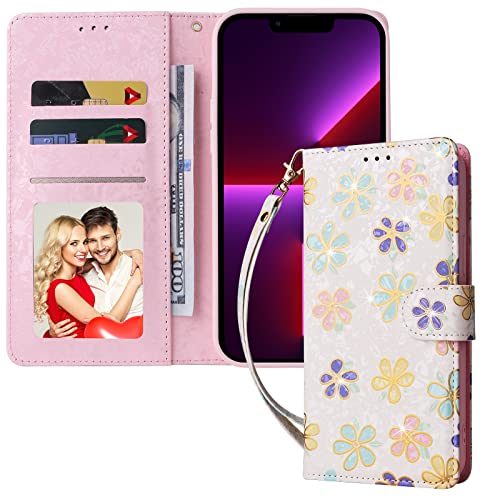 UEEBAI Wallet Case for Samsung Galaxy S22 5G, PU Leather Phone Case Kickstand RFID Blocking Flip Case Card Slots Wrist Strap Relief Engraved Pattern Magnetic Closure Flower Folio Case, White Daisy - color: White Daisy, size: Samsung Galaxy S22 5G