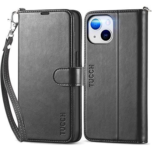 TUCCH Wallet Case with Wrist Strap for iPhone 14 (6.1") 2022, Black | 4 Card Holders, RFID Blocking, Viewing Stand, Shockproof TPU Shell, PU Leather, Magnetic Closure, Folio Flip Cover - color: Black with Strap