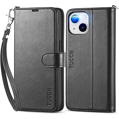 TUCCH Wallet Case with Wrist Strap for iPhone 14 (6.1") 2022, Black | 4 Card Holders, RFID Blocking, Viewing Stand, Shockproof TPU Shell, PU Leather, Magnetic Closure, Folio Flip Cover - color: Black with Strap