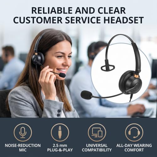 RiToEasysports Noise Cancelling Headset, Lightweight Comfortable Single Ear Telephone Headset 2.5mm Wired for Landline Phones for Call Center Agents Office Workers Customer Service Professionals