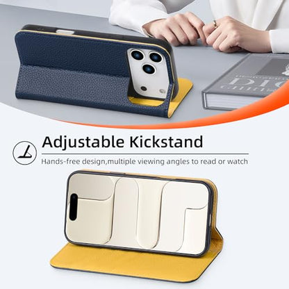 VISOUL Pebbled Leather Wallet Case for iPhone 17 Pro Max 6.9" 2025, Genuine Leather Flip Folio Cover with RFID Blocking Card Holders, Kickstand, Soft TPU Protective Flip Cover -Blue+Yellow - color: Blue+Yellow