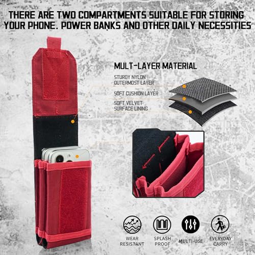 Molle Dual Cell Phone Pouch, Heavy Duty Waterproof Samll Tactical Dual Cell Phone Holder with US Flag Patch for 4.7"-6.7" (Dual RED) - color: DUAL RED