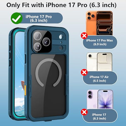 for iPhone 17 Pro Magnetic Clear Rugged Case Waterproof - color: Cyan-Teal, size: iPhone 17 Pro 6.3 inch