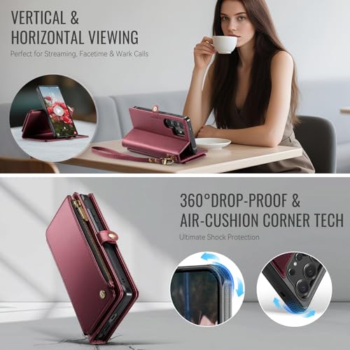 Defencase for Galaxy S22 Ultra Case Wallet Compatible with Magsafe, WineRed | Magnetic Detachable, RFID Bolcking Card Holder, Zipper Strap, PU Leather Drop-Proof Phone Cover for Samsung Galaxy S22 Ultra - color: (Detachable with Magsafe)-Wine Red