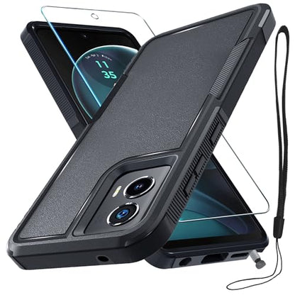Case Compatible with Moto G Stylus 5G 2024, Full Body Heavy Duty Rugged Shockproof Protective Phone Cover with Lanyard Strap, Tempered Glass Screen Protector, Black Matte | with Tempered Glass Screen Protector+Lanyard Strap,Rugged Shockproof Protective Ph