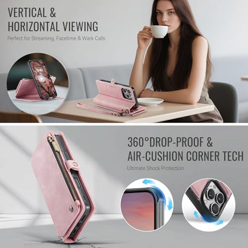 Defencase for iPhone 16 Pro Max Case Wallet Compatible with Magsafe, Pink | Drop-Proof Magnetic Detachable Phone Cases Cover, with RFID Bolcking Card Holder, Zipper Strap, PU Leather, Removable Wallet - color: (Detachable with Magsafe)-Pink