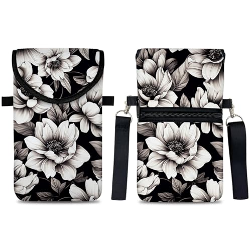 Neoprene Cell Phone Sleeve Pouch Case Bag with Crossbody Strap Neck Lanyard for Women 7.5 X 4.3 in Flower Black - color: Flower Black 1