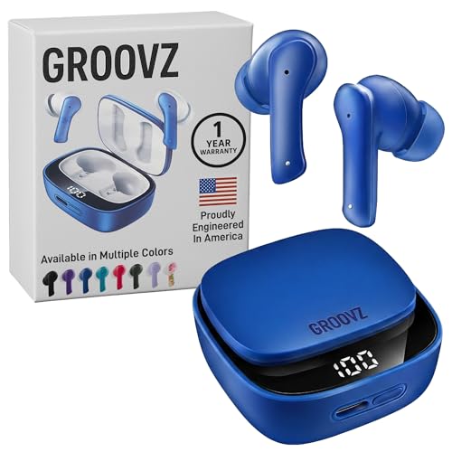 Groovz Plus True Wireless Earbuds with Wireless Charging Case -Designed in the USA -IPX4 Water Resistant Bluetooth Earbuds Compatible with Apple & Android, 46Hr Battery, Dual Microphone Classic Blue