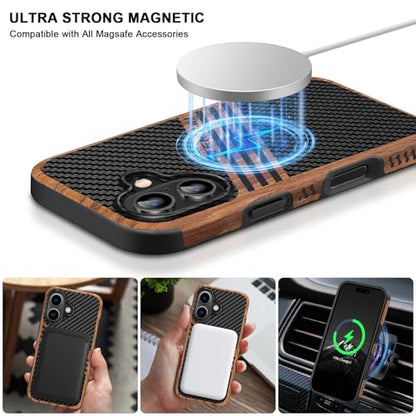 TENDLIN Magnetic Case Compatible with iPhone 16 Phone Case Wood Grain with Carbon Fiber Texture Design Leather Hybrid Slim Cover (Compatible with MagSafe) Three Stripe - color: Magnetic Three Stripe, size: iPhone 16
