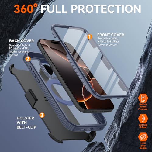 Upgraded 360° Spin Magnetic Invisible Ring Stand Case for iPhone 16 Pro Max 6.9",Compatible with MagSafe, Full Body Rugged Case with Built-in Screen Protector & Kickstand & Belt-Clip (Blue) - color: Blue