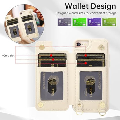 Crossbody Wallet Case for iPhone 7/8/SE 2020/SE 2022(4.7") with Detachable Strap - PU Leather Flip Folio with Card Slots & RFID Blocking, Sparkling Diamond Accents-Beige - color: Beige, size: iPhone 7/8/SE 2020/SE 2022(4.7")