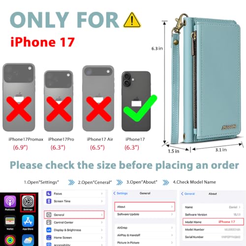 for iPhone 17 Wallet Case, Detachable Magnetic Phone Case,Faux Leather Strap Wallet,with RFID Blocking，Zipper Card Holder，Shoulder Straps (Blue) - color: Blue, size: iPhone 17