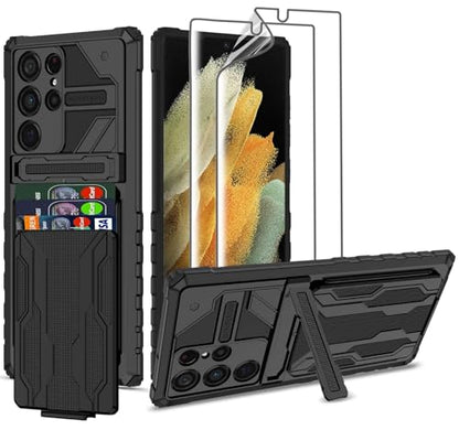 for Samsung Galaxy S21 Ultra Wallet Case with Card Holder, Black | Detachable Card Holder, Built-in Kickstand, with Screen Protectors - Soft 2 Pack, Military Grade, Full Body Shockproof - size: for Galaxy S21 Ultra - 6.8''