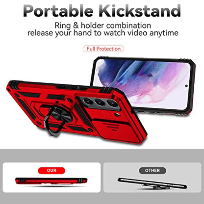 for Samsung Galaxy S22 Case with Camera Lens Cover HD Screen Protector, Dual Layer Military-Grade Drop Tested Magnetic Ring Holder Kickstand Protective Phone Case for Samsung Galaxy S22 5G (Red) - color: Red with camera cover Military-Grade 2nd gen