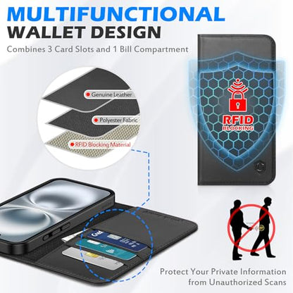 SHIELDON Genuine Leather Wallet Case for iPhone 16 Plus 6.7" 2024, Black | Magnetic Closure, RFID Blocking, Credit Card Holder, Kickstand, Folio Design, Shockproof TPU Phone Cover - color: Black