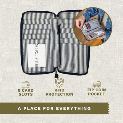 Bella Taylor Cell Phone Wristlet, Quilted Phone Wallet for Women | Lightweight, RFID blocking, phone pocket, built-in wallet, card organizer, coin pocket, secure zipper, quality construction - color: Farmhouse Blue