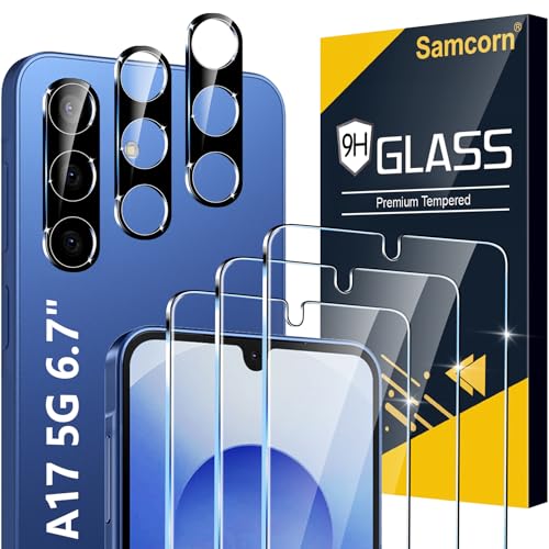 Samcorn [3+3 Pack Pack Galaxy A17 5G Screen Protector, HD Clear Tempered Glass, Fingerprint Unlock, 3D Curved, Scratch Resistant, No Bubble for Samsung Galaxy A17 5G Glass Screen Protector