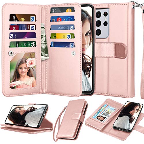 Njjex Wallet Case for Samsung Galaxy S21 5G, For Galaxy S21 Case, [9 Card Slots] PU Leather ID Credit Holder Folio Flip [Detachable] Kickstand Magnetic Phone Cover & Lanyard for Samsung S21 [RoseGold] - color: Rose Gold