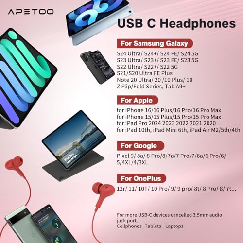 USB C Headphones for iPhone 18 Pro Max 17 16 15/Galaxy S26 FE Wired Earbuds - color: Red