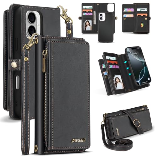 for iPhone 16 Plus Wallet Case, Detachable Magnetic Shockproof Phone Case,Faux Leather Crossbody Wallet,with RFID Blocking，Zipper Card Holder，Shoulder Strap (Black) - color: Black, size: iPhone 16 Plus