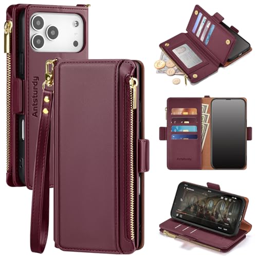 Antsturdy for iPhone 17 Pro Max Phone Wallet Case Women,Wine Red | RFID Blocking,with Credit Card Holder Slots,PU Leather Purse,Zipper Pocket,Wrist Strap Kickstand,Flip Folio Cover for Men - color: Wine Red