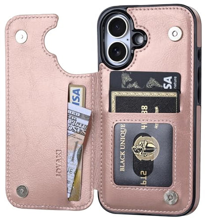 Wallet Case Compatible with iPhone 16 6.1”, Slim Protective Case with Card Holder,Premium PU Leather Kickstand Card Slots Case with Double Magnetic Clasp-Rose Gold - color: Rosegold-F, size: iphone 16 6.1"