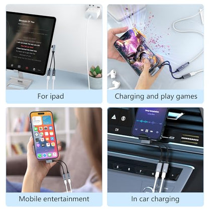 Right Angle 2-in-1 iPhone to Dual Lightning Jack Audio Headphone and Charger Cable Adapter,【Apple MFi Certified】Calling+Music+Charge 90 Degree Earphones Converter Splitter for Apple iPhone 14 13 12 11