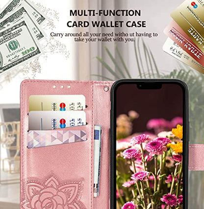 for iPhone 13 Pro Case Wallet for Women,Rose Gold | Butterfly Phone Cover Flip Folio Embossed PU Leather Credit Card Holder Slots Magnetic Wrist Strap Case - color: Rose Gold