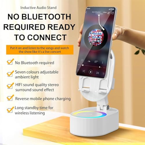 AKLLCCR Wireless Induction Audio Bluetooth Speaker 5in1 Phone Holder Emergency Rechargeable (3000mAh) with Colorful Ambient Light 300° Foldable for Tablet iPhone Android, Gifts for Men Women (White) - color: White
