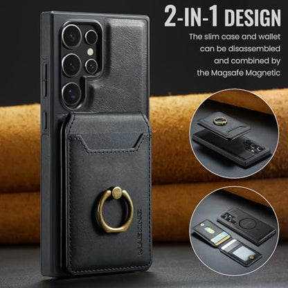 for Samsung Galaxy S26 Ultra 2 in 1 Detachable Card Bag Wallet Case Durable Leather Wallets Magnetic Card Holder 4 Card Slots Ring Stand RFID Blocking Black - color: Black, size: Samsung Galaxy S26 Ultra